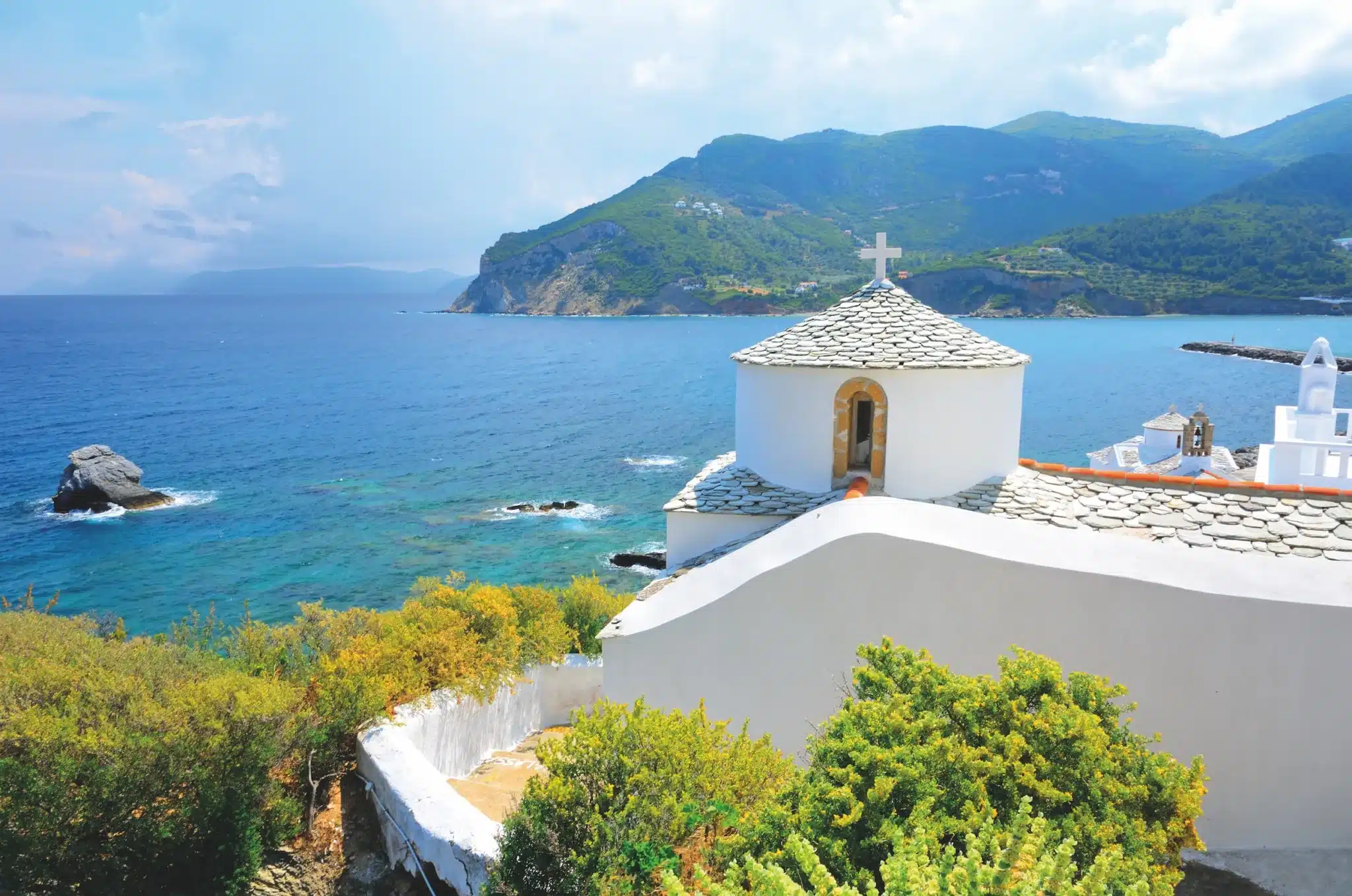 Beautiful, White, Church, Above, Chora, On, Skopelos, Island,, Greece