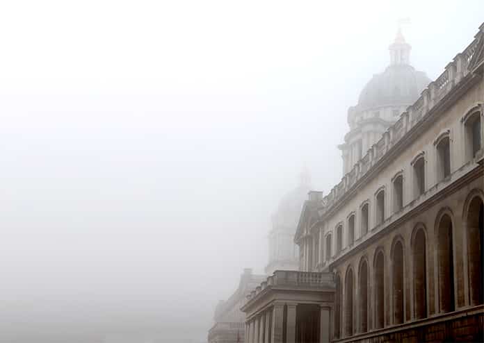 Painted Hall, Old Royal Naval College on a foggy day - Halloween in London 2020
