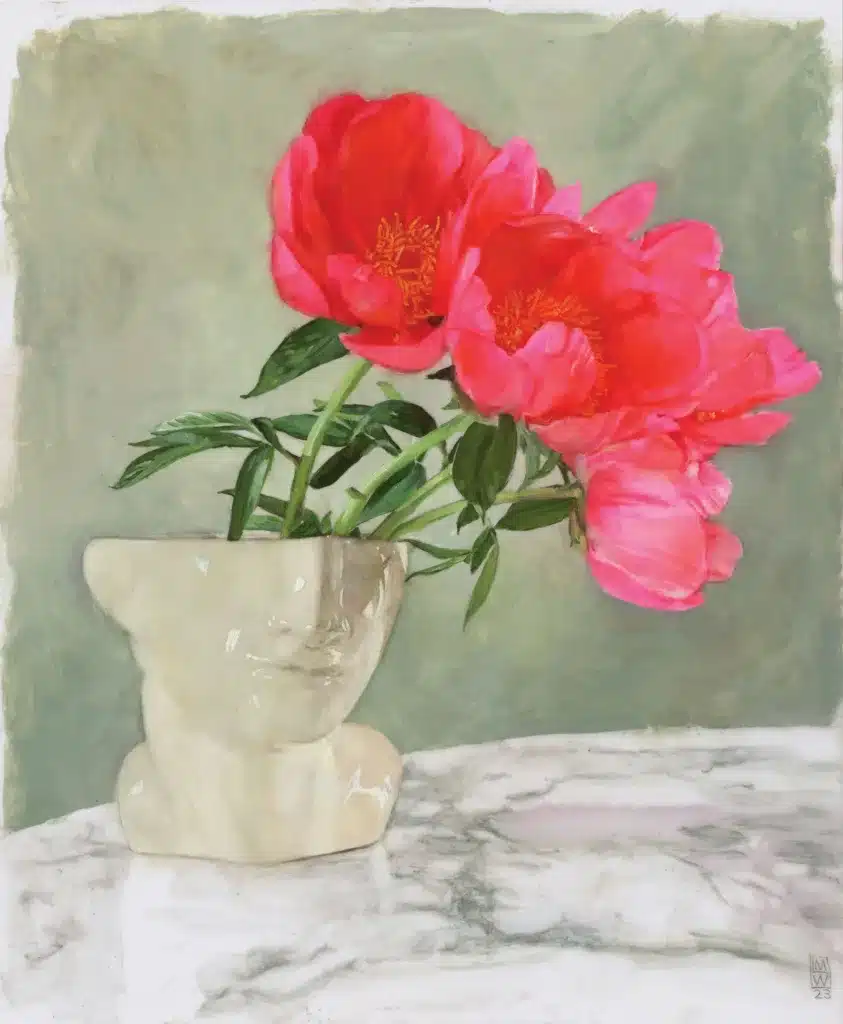 fluorescent peonies acrylic and oil on two sides of mylar 43.28 x 35.61 cm 1600