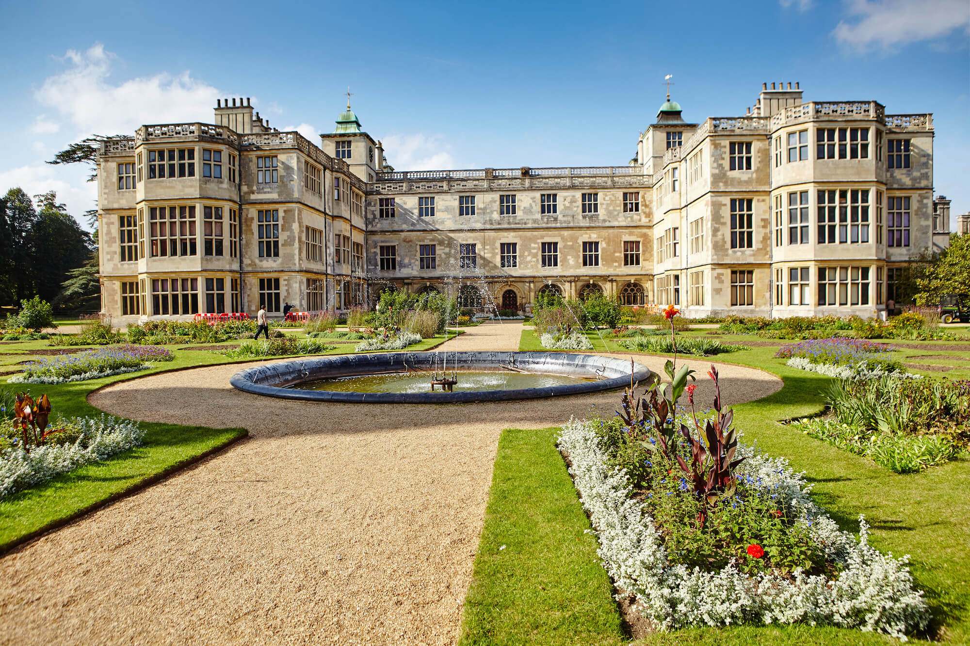 audley end house gardens with fountain